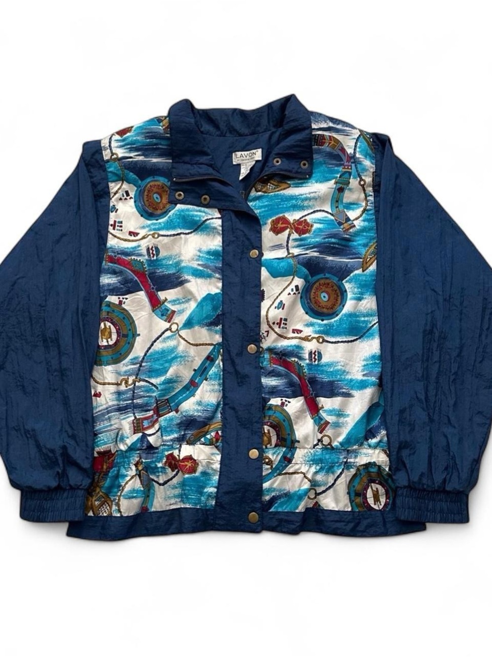 Vintage 90s Lavon Navy Blue Boat Patterned Windbreaker Jacket L